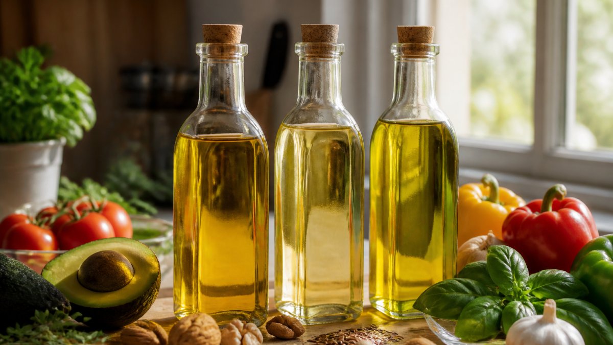 Close-up of three different cooking oils in clear glass bottles on a kitchen counter with fresh vegetables, herbs, and whole nuts nearby, natural daylight streaming from the side