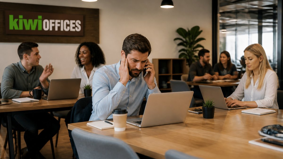 A professional on a phone call at a shared coworking table, covering one ear with a hand while nearby members chat and type, showing the distraction of an open-plan workspace