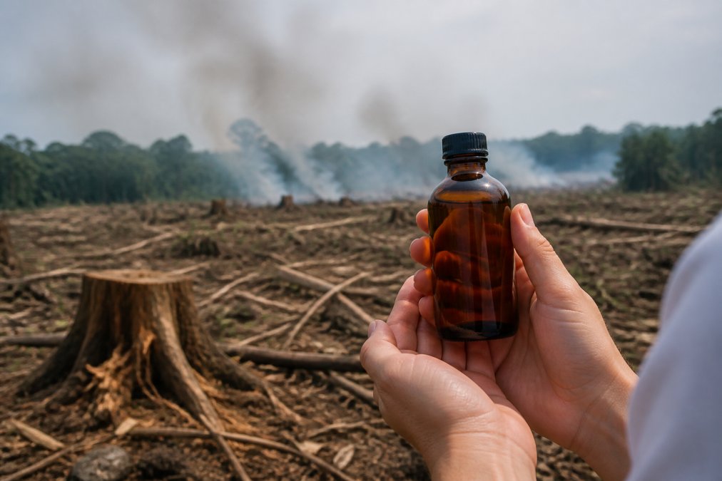 Close-up of a person's hands holding an amber glass skincare bottle, blurred background showing felled tree stumps and distant smoke haze over cleared tropical land, soft overcast daylight