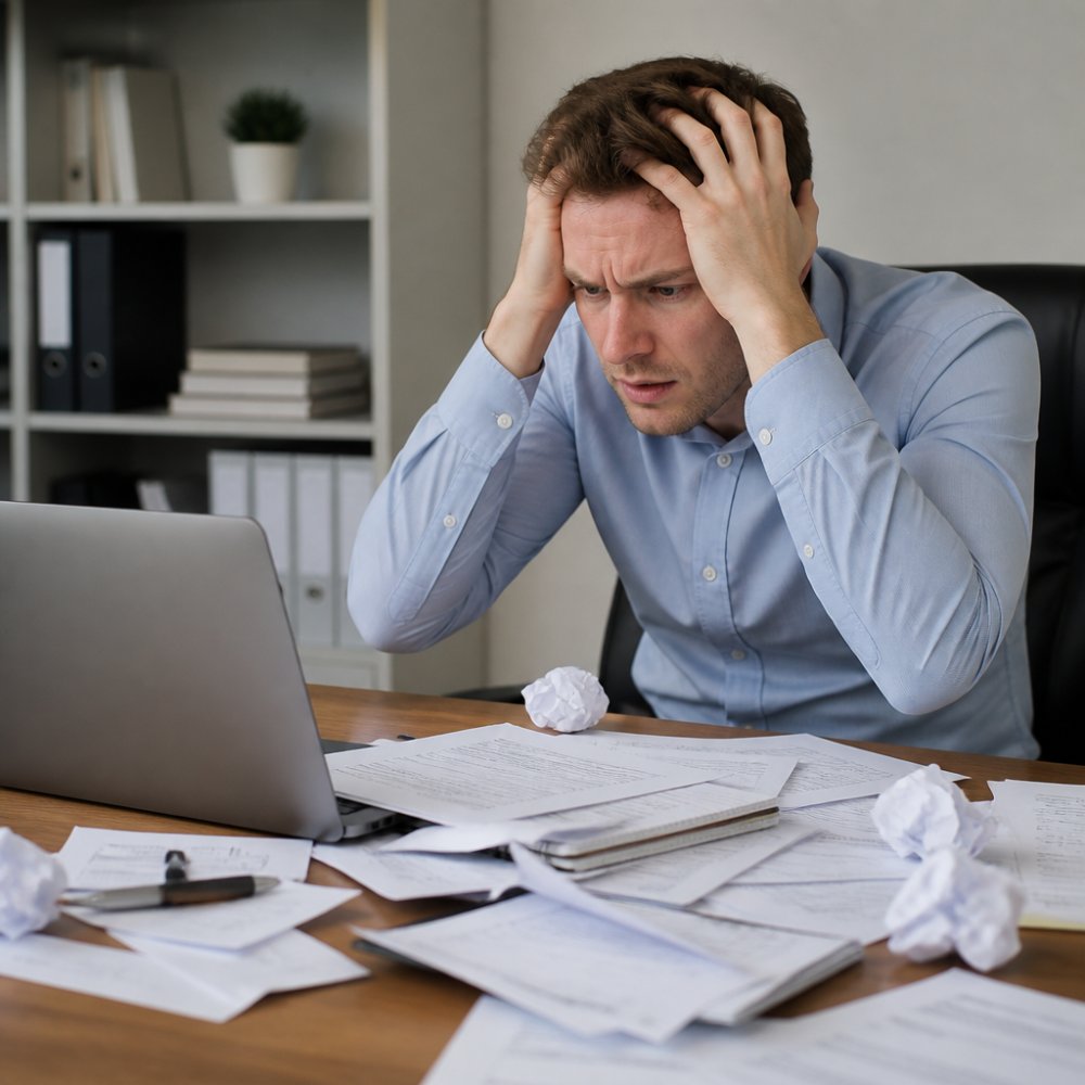 Professional frustrated at computer screen surrounded by multiple browser windows and form fields showing confusion and overwhelm