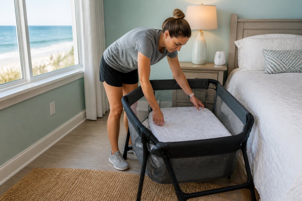 Expert tips illustration for parent and setting and up concepts for why baby sleep regressions happen during travel