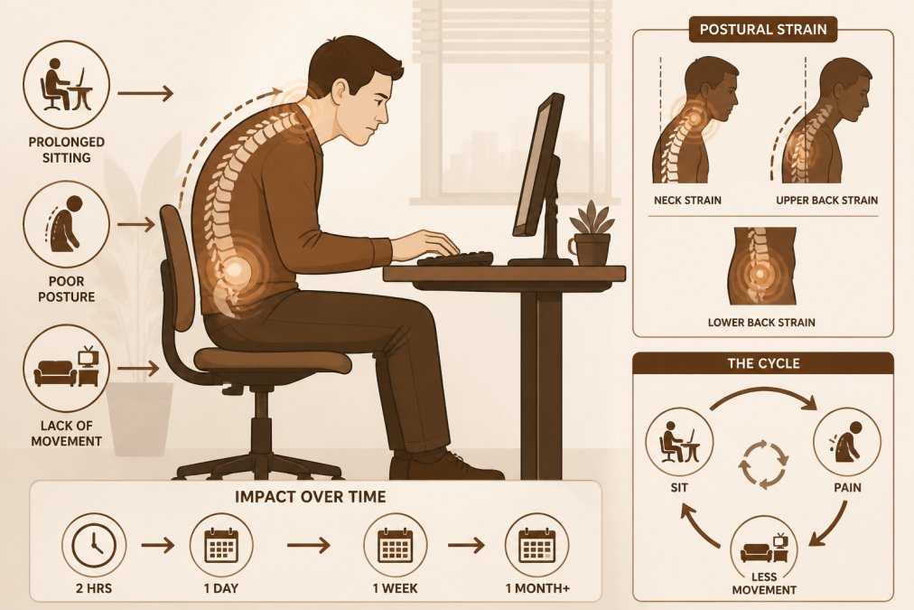 Person sitting at desk with rounded shoulders and forward head posture, hunched over computer keyboard, showing strain on lower back and neck area, natural office lighting