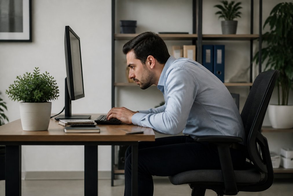 Office worker at desk leaning forward towards computer screen with rounded shoulders and forward head position, showing poor ergonomic posture