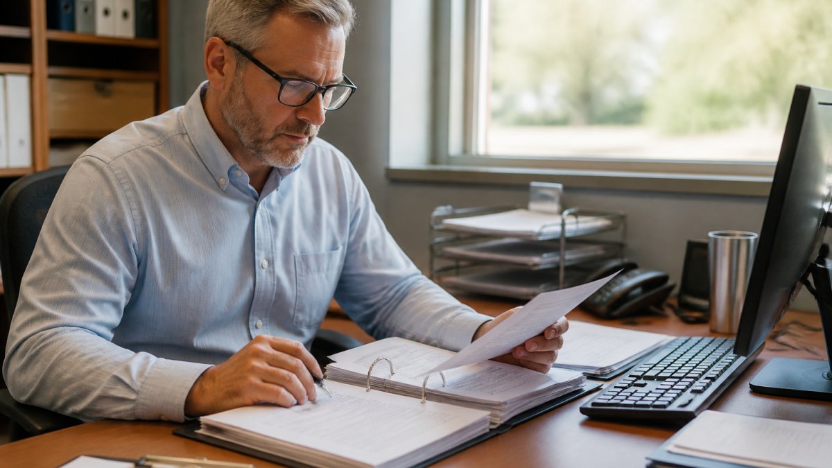 Professional facility manager reviewing employee credentials and background check documentation at a desk with files and computer, natural office lighting