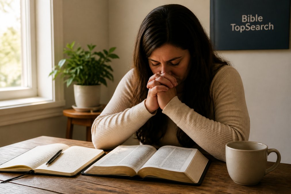 Person sitting in a quiet, peaceful space with open Bible and journal, hands folded in prayer or reflection, soft natural light from window suggesting morning or contemplative moment