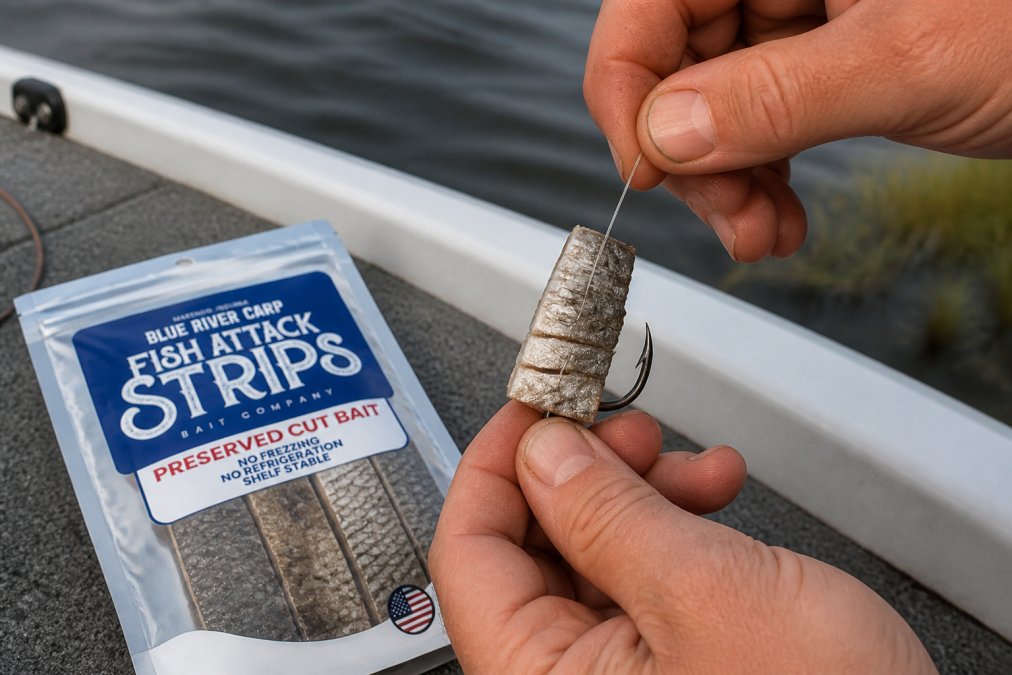 Angler's hands wrapping elastic thread around a chunk of cut carp bait secured on a fishing hook, demonstrating the spring lock wrapping technique with the elastic creating tension around the bait, natural outdoor lighting