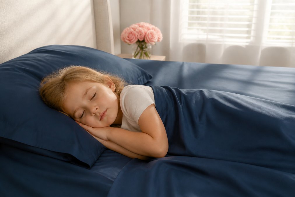 Young child sleeping peacefully on soft bamboo sheets with a gentle, relaxed expression, morning sunlight filtering through bedroom window creating a calm, serene atmosphere