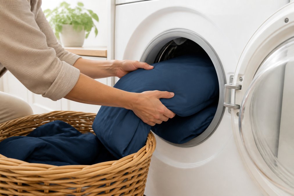 Parent's hands gently placing a soft bamboo garment into a washing machine, demonstrating careful laundry handling with natural daylight illuminating the scene