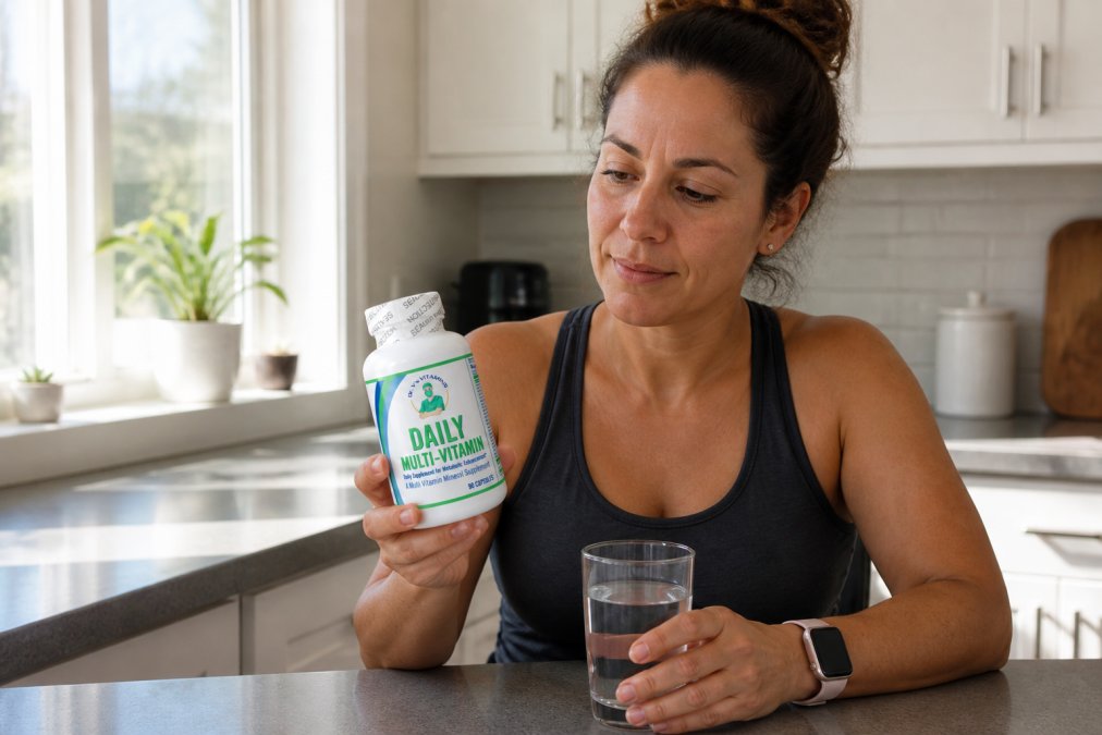 Patient holding a bottle of specialized bariatric vitamins with a glass of water, looking at the label with focus and trust in morning kitchen light