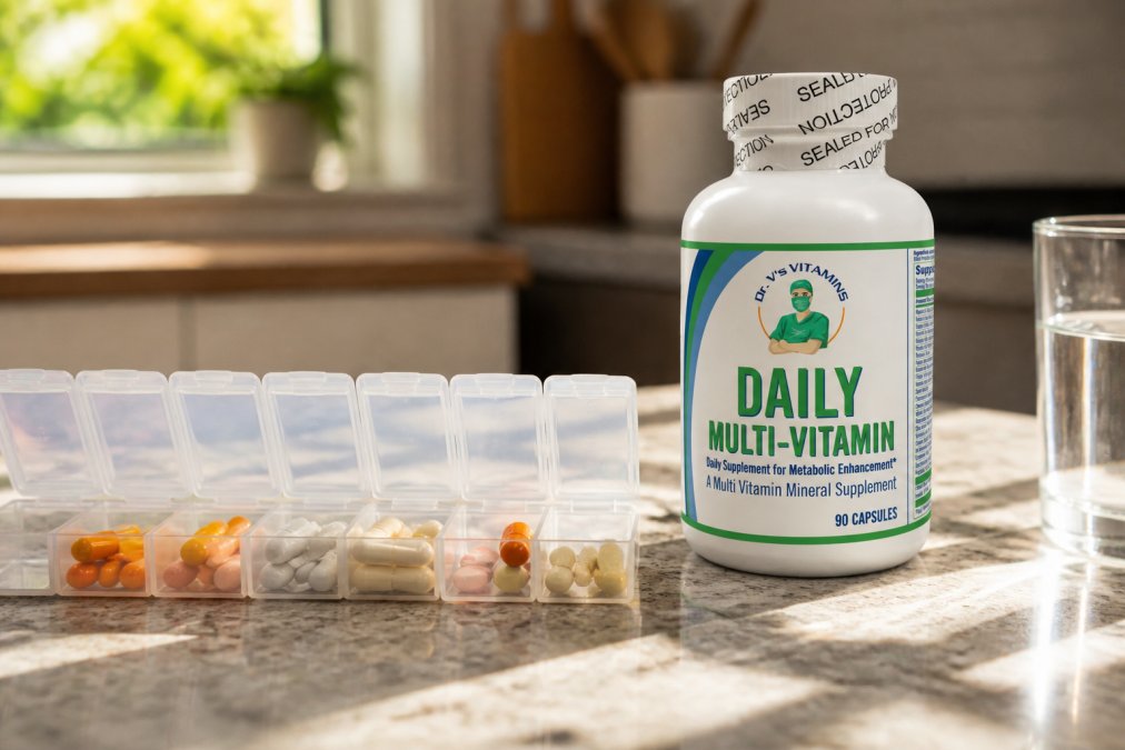 Close-up of a daily pill organizer with bariatric vitamins organized by day and time, placed on a kitchen counter with morning sunlight streaming across the surface