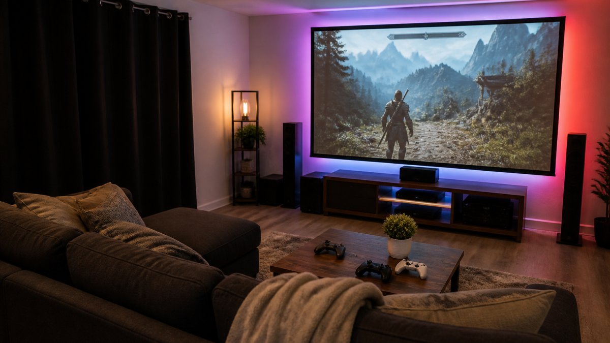 A cozy finished basement gaming room with a large projected screen on the wall, colorful LED strip lighting behind the screen, dark curtains, and a comfortable couch with controllers on the table