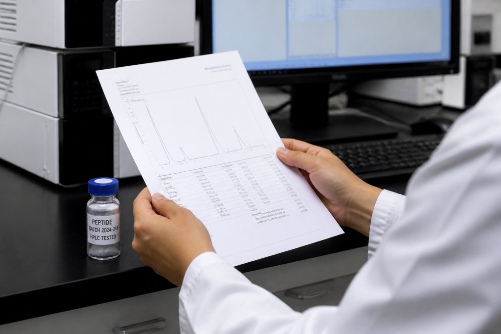 Close-up of a scientist's hands holding a printed HPLC chromatogram report beside a labeled sample vial on a laboratory bench, with a monitor showing analysis software in the background under cool white lighting