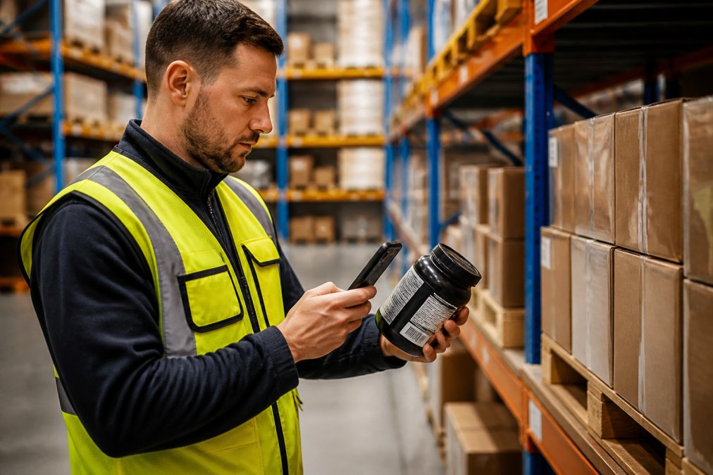 A warehouse worker in a safety vest holding a supplement bottle in one hand and scanning a QR code on the label with a smartphone in the other, focused expression, bright industrial lighting