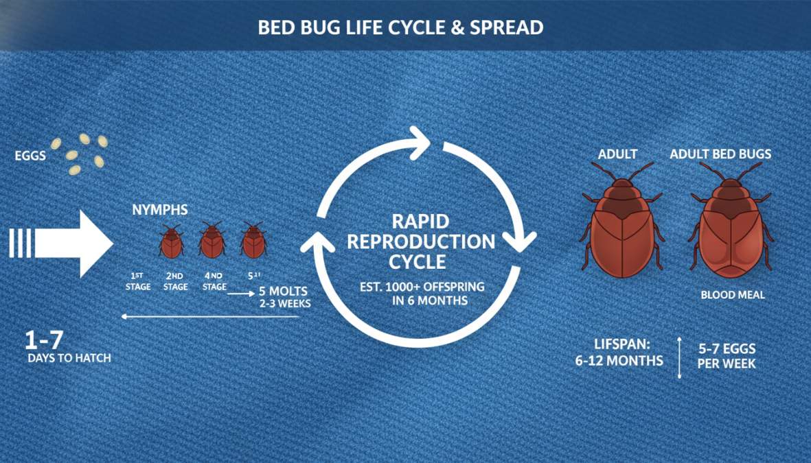 Close-up macro photograph of [bed bugs](/signs-of-bed-bugs-in-apartment/) in various life stages including tiny translucent nymphs and reddish-brown adults clustered on cream-colored mattress fabric under bright natural light