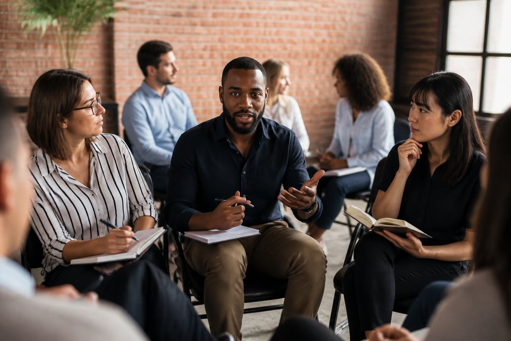 A diverse group of managers in a professional workshop setting, engaged in discussion with notepads and thoughtful expressions, demonstrating active learning and self-reflection