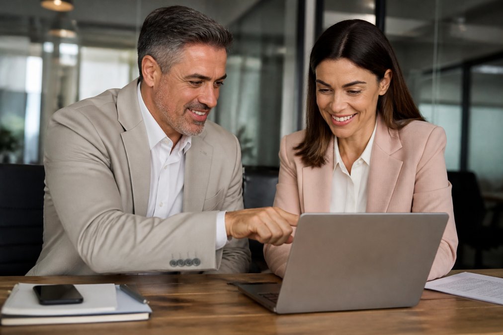 A business leader reviewing performance metrics on a laptop with a colleague, both pointing at the screen with positive engagement, representing data-driven leadership decisions