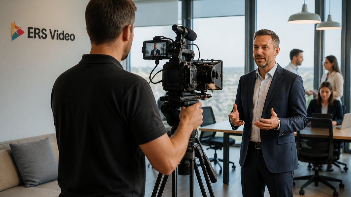 Professional videographer on set with camera equipment and tripod filming a business professional in a modern office environment, natural light from windows, team members visible in background