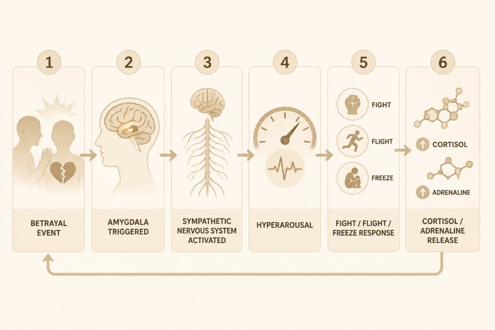Flowchart showing betrayal event triggering amygdala, activating sympathetic nervous system, leading to hyperarousal, fight/flight/freeze response, and cortisol/adrenaline release