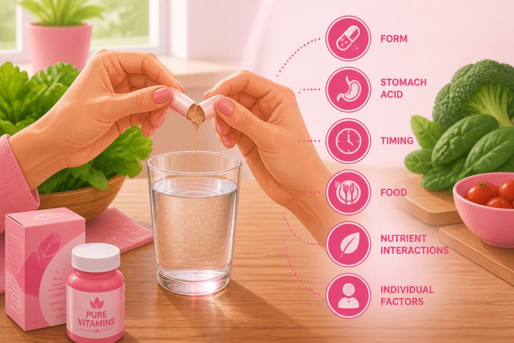 Close-up of hands holding an open supplement capsule over a glass of water at a wooden table, natural daylight illuminating the capsule contents and fresh green vegetables in the background