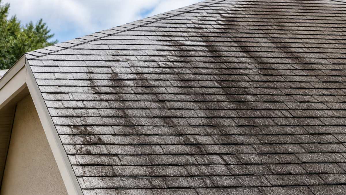 Close-up of asphalt roof shingles showing dark black algae streaks and discoloration contrasting with clean gray shingle areas in afternoon sunlight