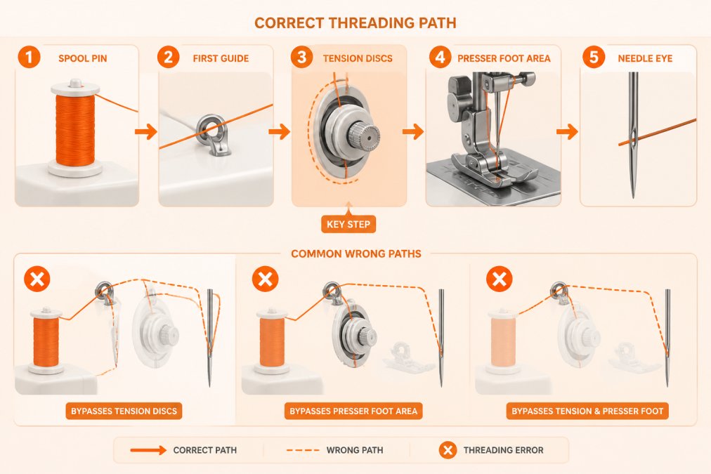 Flowchart showing correct threading path: spool pin → first guide → tension discs (highlighted) → presser foot area → needle eye, with X marks showing common wrong paths that bypass tension discs or presser foot