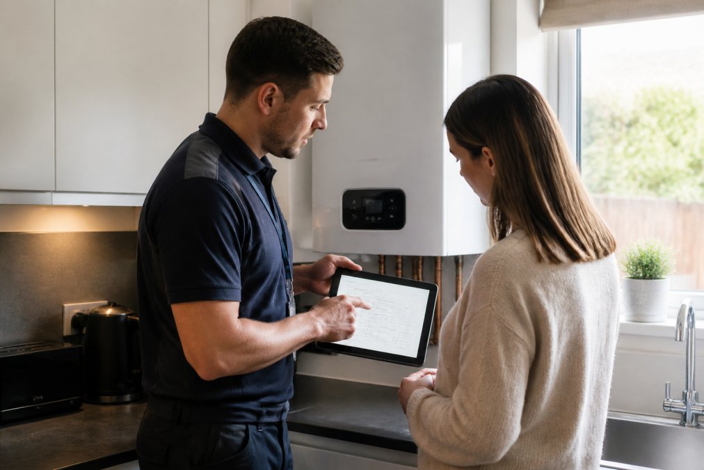 A Gas Safe registered engineer in branded workwear showing a homeowner the Building Regulations Compliance Certificate on a tablet inside a modern kitchen with a new boiler visible