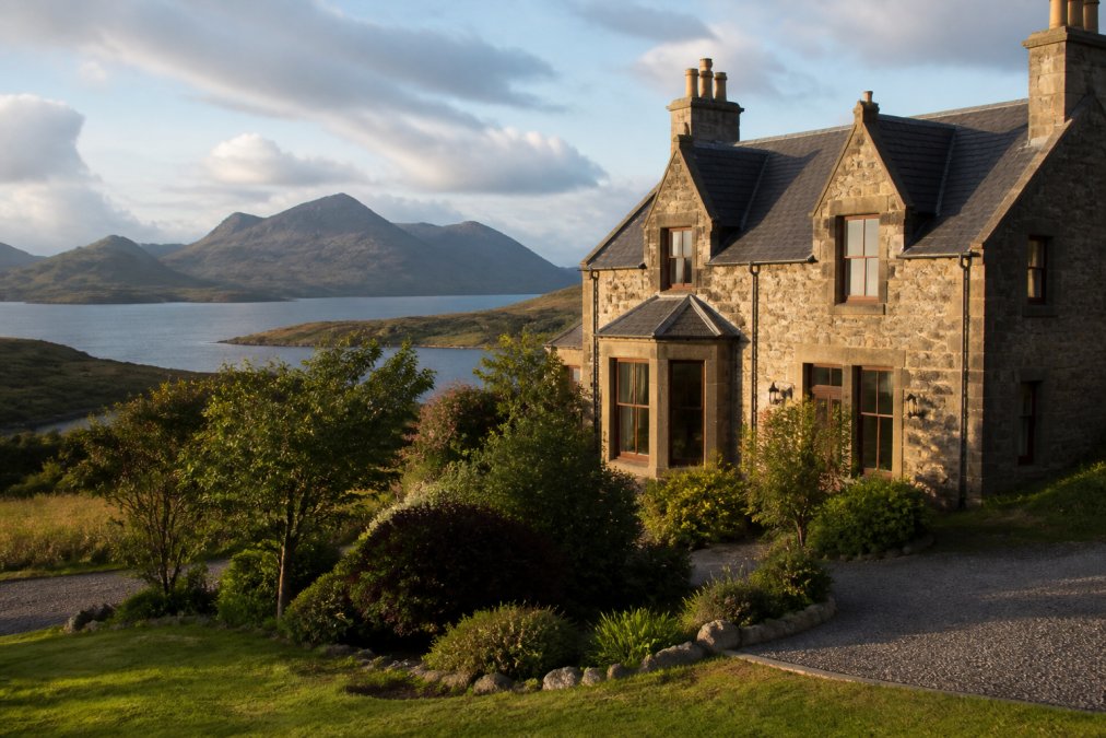 Exterior view of a luxury stone lodge nestled in Scottish Highland scenery with dramatic mountains and sparkling lochs visible in the background, showcasing the serene and exclusive nature of premium accommodation on the Isle of Skye