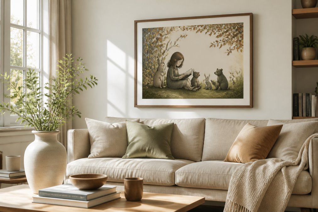 A bright modern living room with a large framed whimsical storybook art print above a neutral linen sofa, styled with a ceramic vase, stacked books on a coffee table, and warm natural light streaming through a window
