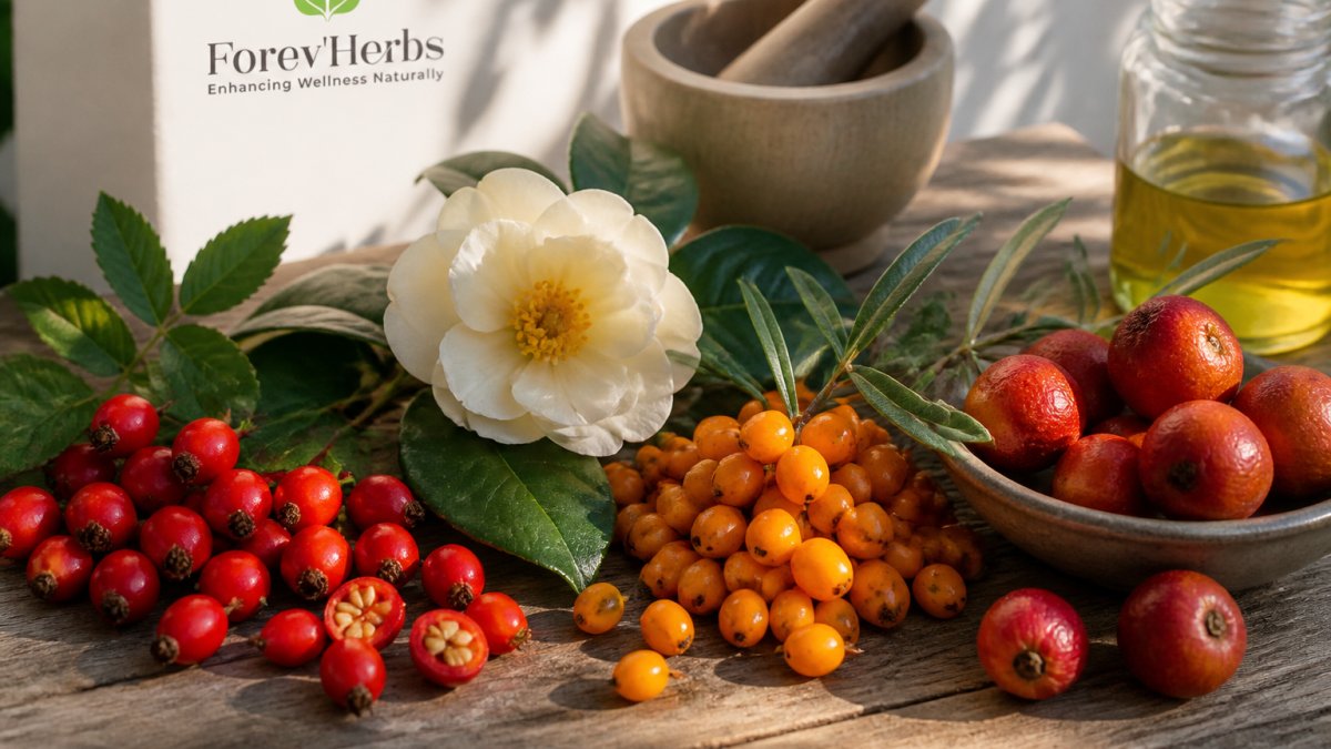 Close-up of fresh botanical ingredients including rosehip berries, camellia flowers, sea buckthorn berries, and buriti palm arranged on a natural wooden surface with soft morning sunlight
