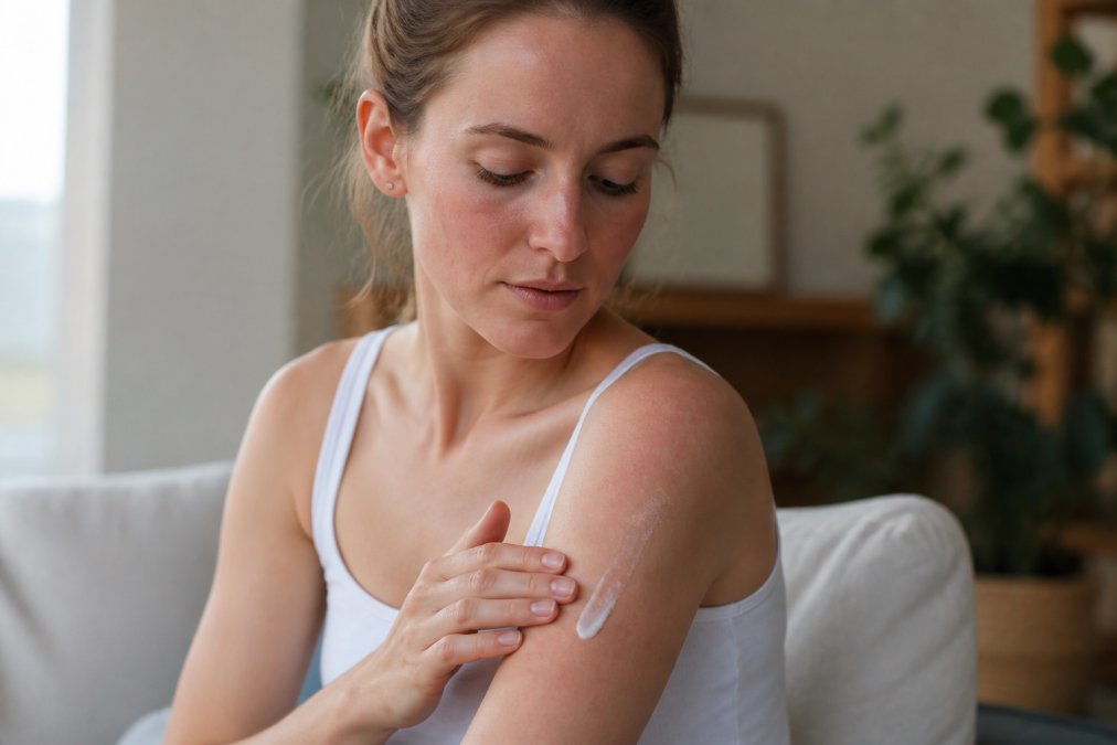 A close-up of a woman with sensitive skin gently applying a small amount of botanical lotion to her forearm, soft natural light, calm neutral background, realistic skincare scene