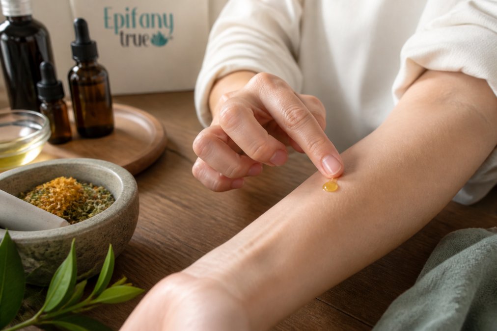 Person applying a small drop of golden botanical oil to their inner forearm for a skin patch test