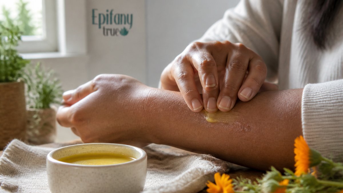 Hands gently applying a rich botanical salve to dry and irritated skin on the forearm under natural light