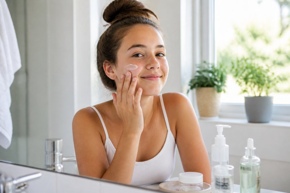 Teenage girl applying botanical skincare moisturizer in a bright, sunlit bathroom