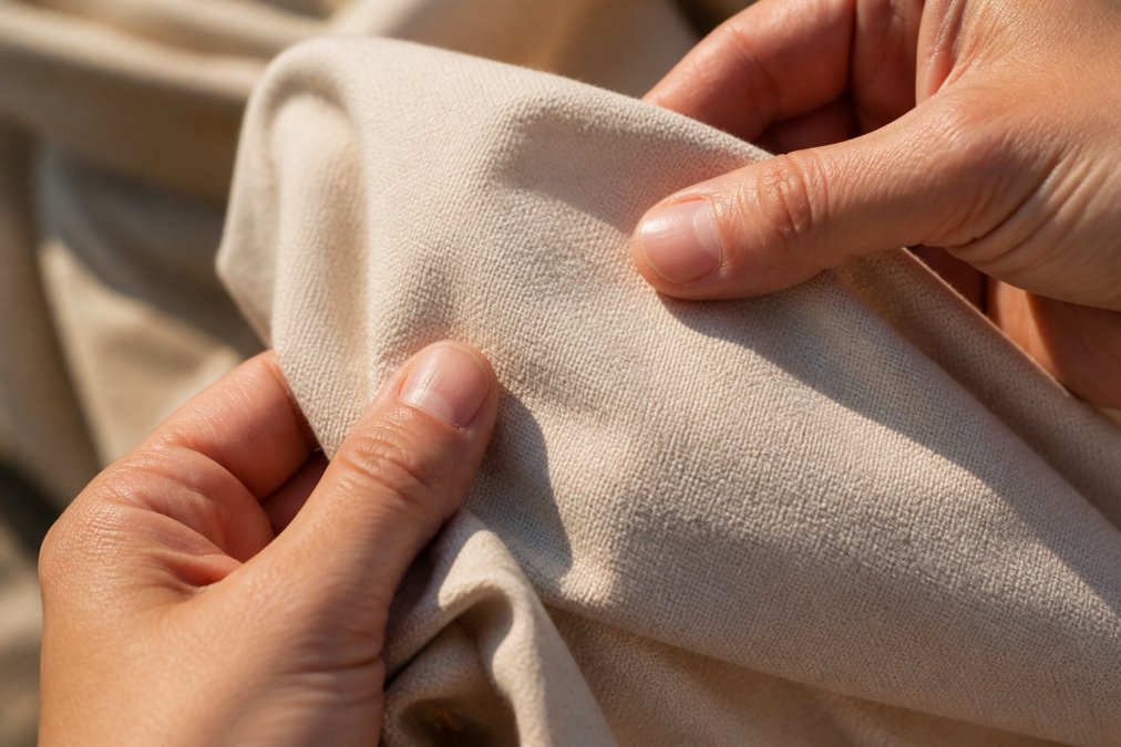 Close-up of hands examining fine cotton fabric texture showing tight weave and thread density, with natural sunlight highlighting the material quality