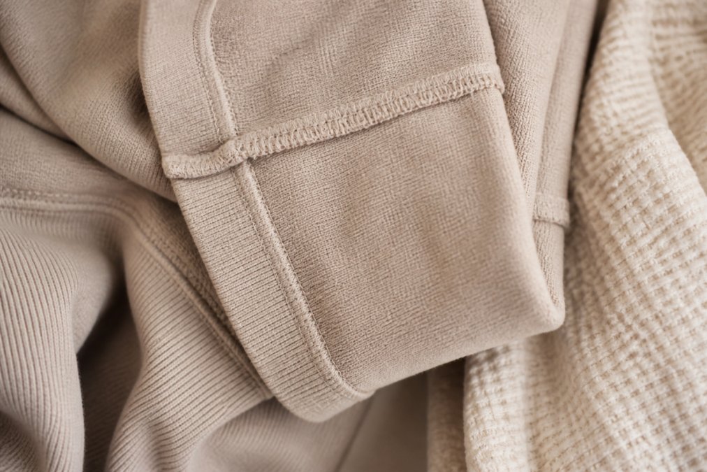Close-up of boutique apparel fabric textures showing detailed stitching, seams, and weave patterns on high-quality garment construction with natural studio lighting