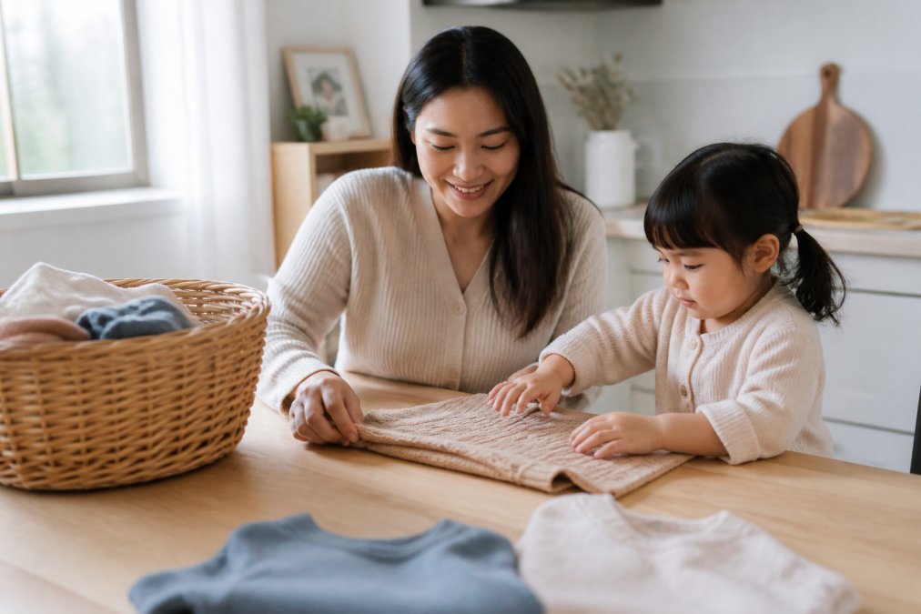 A parent and young child folding a small knit sweater together on a light wooden table, laundry basket nearby, soft natural light through a window, warm home setting
