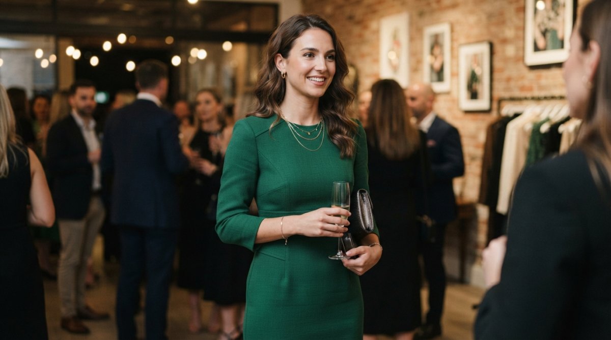 Woman wearing a well-fitted boutique dress at an evening event, showing detailed seam construction, fabric texture, and confident styling with layered jewelry under soft ambient lighting