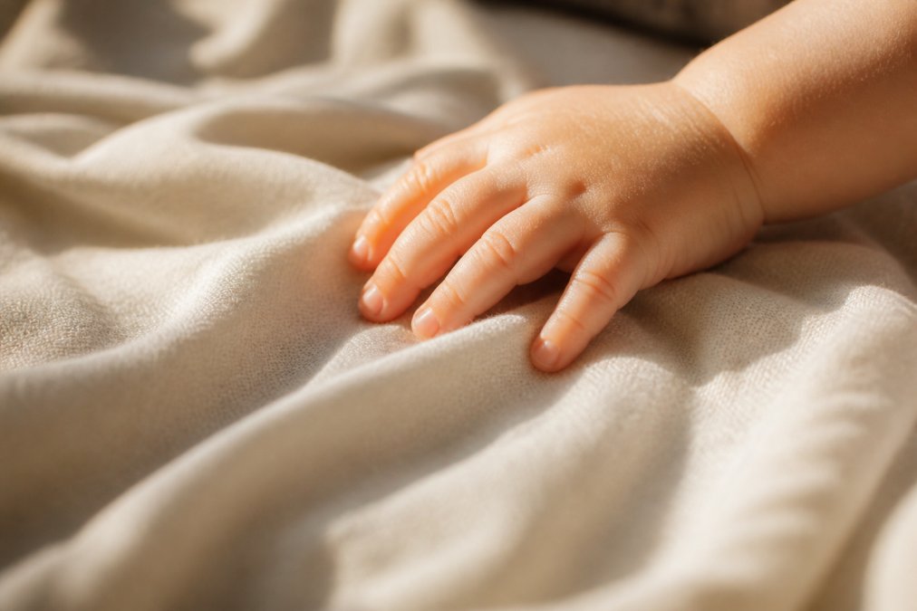 Close-up of soft organic cotton fabric with a toddler's hand gently touching the material, natural morning light streaming across the textile showing fine weave detail