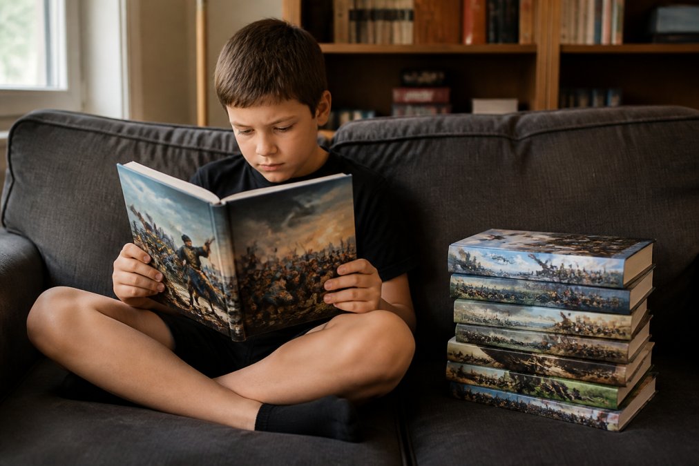 A young boy sitting cross-legged on a couch, fully absorbed in a book with a battle scene on the cover, while a stack of similar history books rests beside him