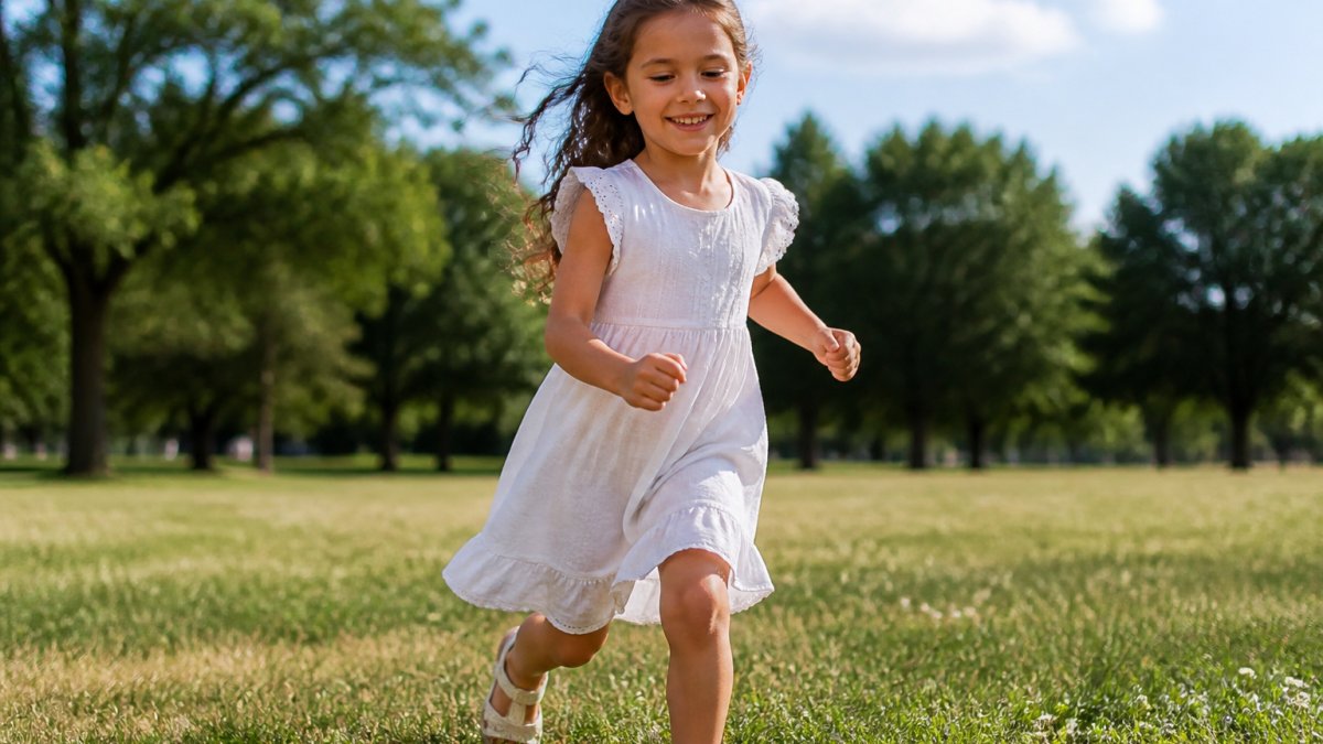 Child playing outdoors in summer wearing lightweight breathable clothing, running through grass with a relaxed expression, natural sunlight highlighting the fabric's light texture