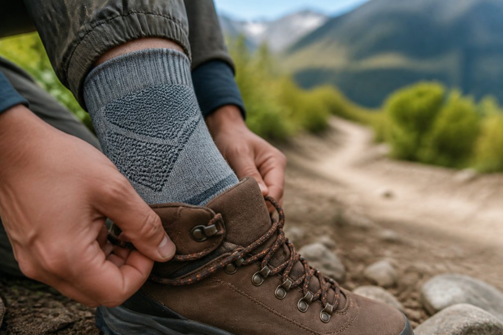 Close-up of a hiker's foot in a breathable hiking sock inside a boot, showing proper fit and cushioning, with a hiking trail blurred in the background
