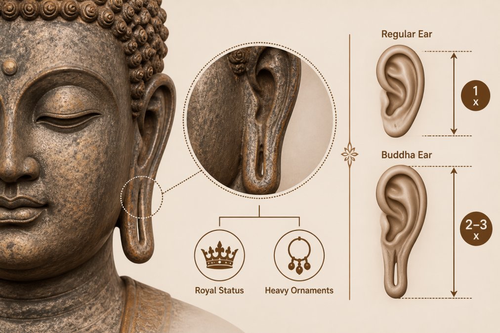 Close-up detail of an ancient Buddha statue's face showing elongated earlobes carved in stone or bronze with weathered patina, demonstrating the craftsmanship of traditional Buddhist sculpture