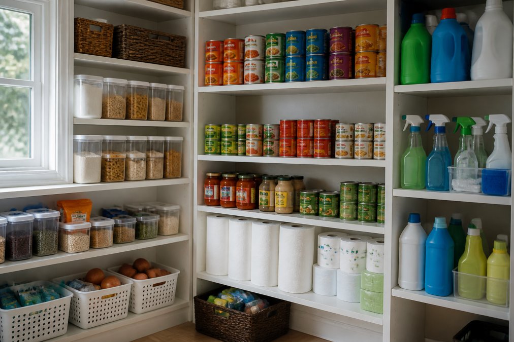 Well-organized home pantry with bulk items neatly arranged on shelves: rows of canned goods, clear containers holding pasta and rice, paper products stacked efficiently, and cleaning supplies organized by category in natural daylight