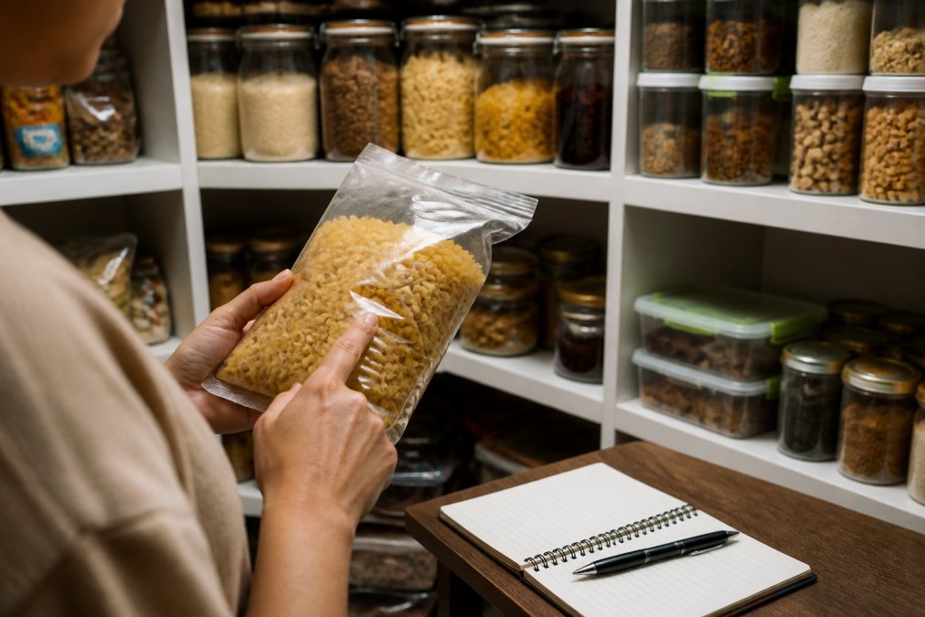 Close-up of someone checking expiration dates on bulk food packages in a well-lit pantry, with a notebook and pen nearby for tracking inventory, organized shelves of stored items visible in background