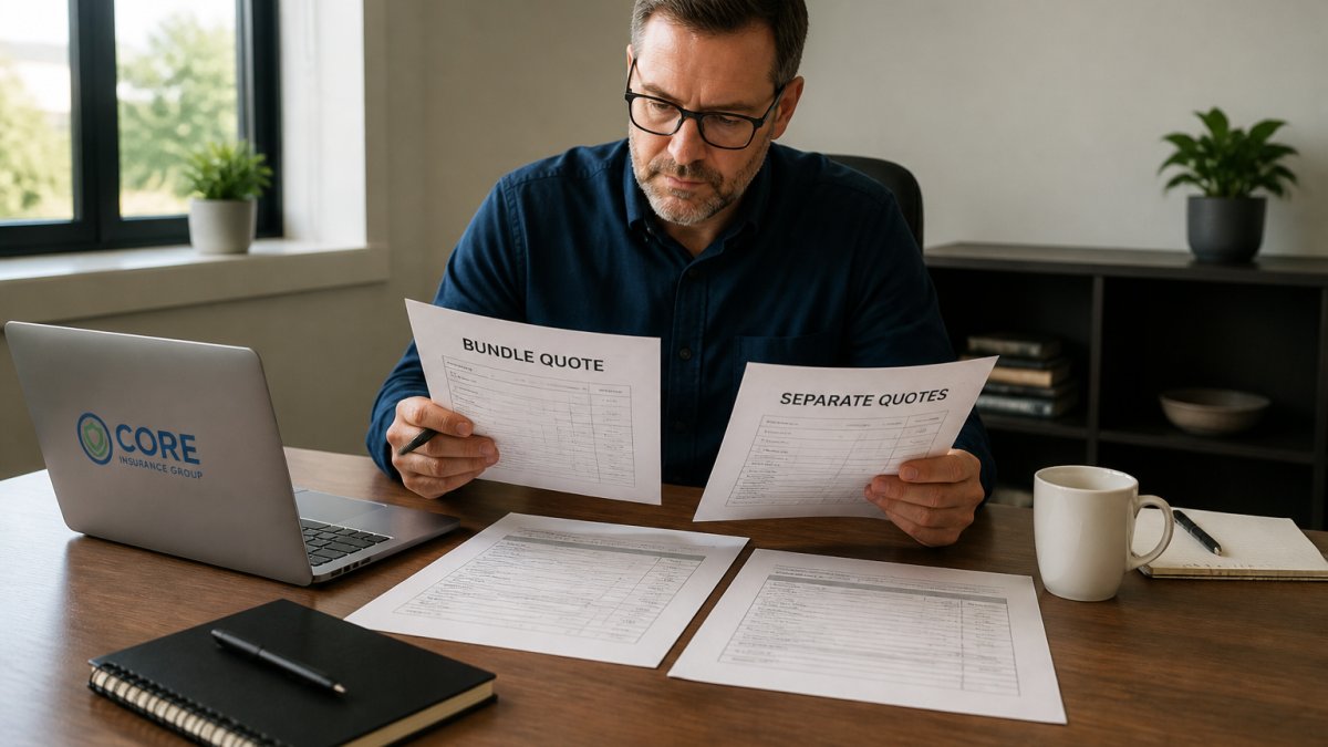 Small business owner comparing documents to bundle insurance policies at a desk