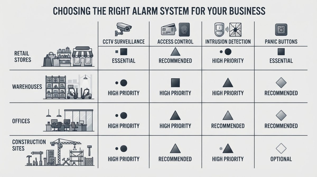 Comparison matrix of features for business alarm systems across retail, warehouse, office, and construction sites.