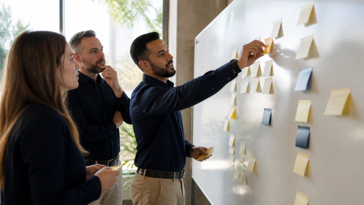 An operations manager and a small team mapping a client workflow on a whiteboard with sticky notes in a bright office
