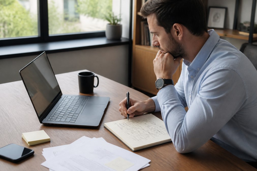 A focused founder reviewing financial charts on a laptop with a strategic roadmap notebook and coffee on a modern desk, natural window lighting