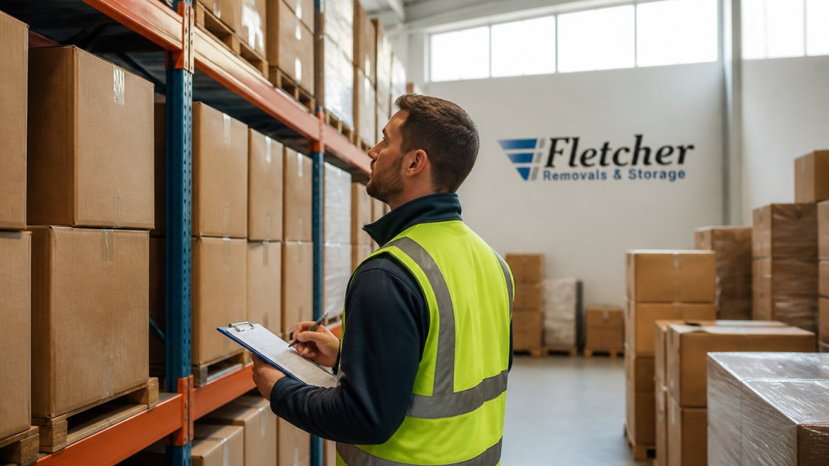 A warehouse manager in a high-visibility vest inspecting cardboard boxes on metal shelving in a clean, dry storage facility with natural light coming through high windows