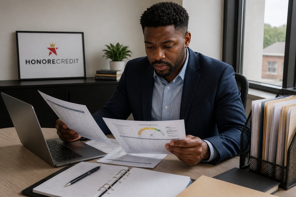 Business owner reviewing financial documents and credit reports at a desk with a laptop and organized file folders, natural office lighting